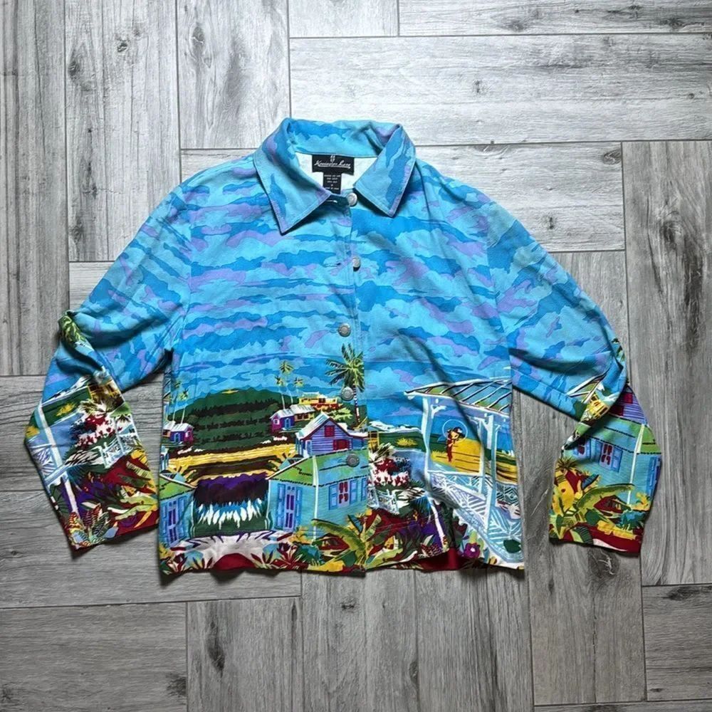 Kensington Lane Women's Multicolor Tropical Camo Long Sleeve Silk Top Small